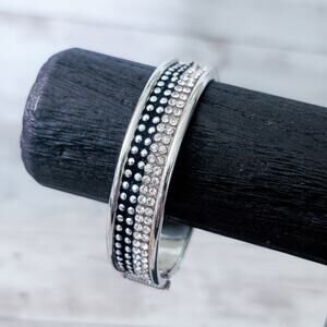 Silver Tone Hinged Bracelet with Black Stripe and Clear and Silver Tone Gems